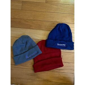 Set of 3 unisex pull on roll up stretch grey blue red beanie hats one size